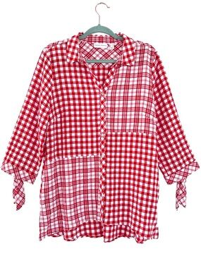 Red Gingham Plaid Patchwork Button Up Tunic Top Picnic Cottage Country Medium